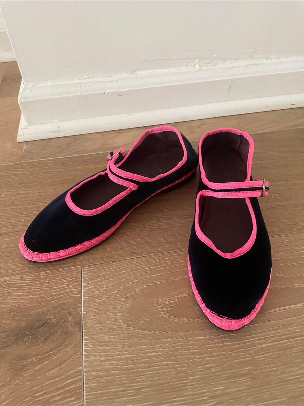 Flabelus Mary Jane Velvet Flats Navy with Pink Trim